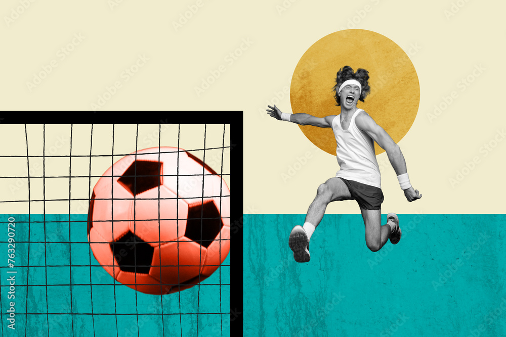 Poster Composite collage picture image of funny male play football goal have fun sportsman fantasy billboard comics zine