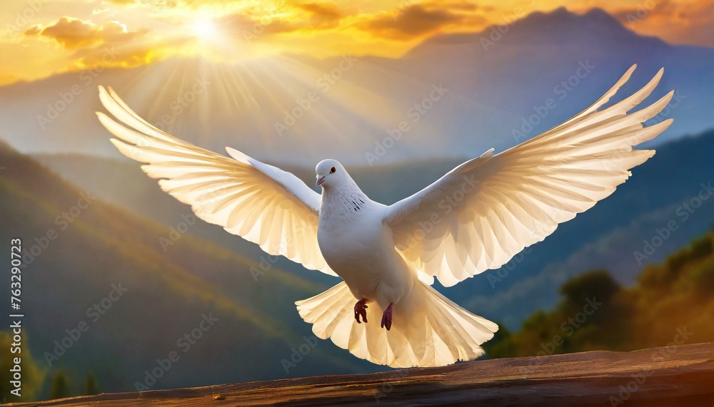 Poster holy spirit: white dove with open wings in majestic mountain