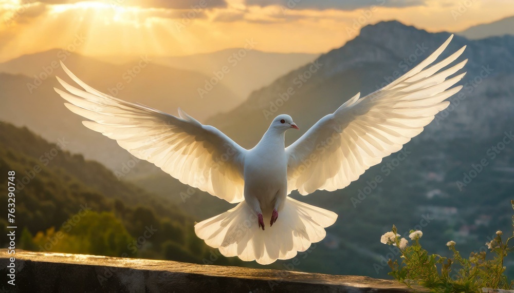 Wall mural holy spirit: white dove with open wings in majestic mountain