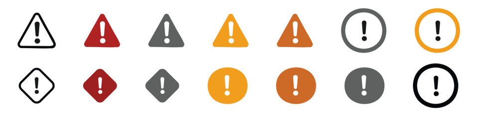 Exclamation mark of warning attention icon. Triangular warning symbols with Exclamation mark. Caution alarm set, danger sign collection, attention vector icon.