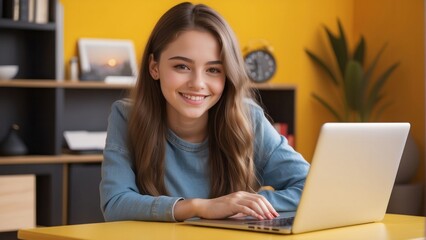 smiling teen girl using laptop for online study