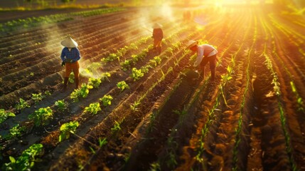 A group of farm workers are busy cultivating crops in a field. They are working together to plant, water, and care for the plants in an organic farming environment - obrazy, fototapety, plakaty