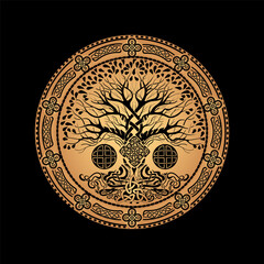 Yggdrasil tree of life Celtic sacred symbol. Celtic astronomy is a magical symbol of rebirth, positive energy and balance in nature. Vector tattoo, logo, print. - 763291554