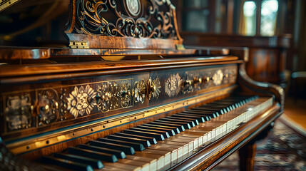 A detailed shot of a vintage piano in a room, showcasing the beautiful wood finish and intricate...