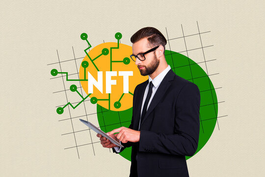 Composite photo collage of young serious businessman hold tablet miner nft token cryptocurrency isolated on painted background