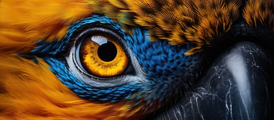 A closeup of a colorful birds eye, showcasing its vibrant iris and intricate feather details. The beak and snout of the Galliformes organism can also be seen in the image