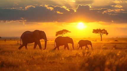 Elephants walking through grass field at sunset with sun in background and a few trees in foreground. Concept Wildlife, Nature Photography, Sunset Landscape, Elephant Behavior, Wildlife Conservation
