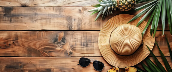 Pineapple, straw hat and sunglasses on wooden background with copy space for summer vacation concept