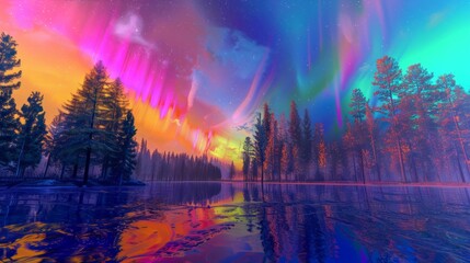 A colorful aurora borealis illuminating the night sky above a calm lake, creating a mesmerizing display of natural beauty