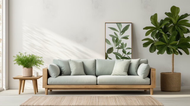 A living room with a large couch, a potted plant, and a framed leafy picture. The room has a clean and modern look, with a neutral color palette