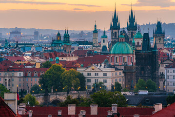 The cityscape of Prague listed in Unesco with Church of Our Lady before Tyn and Charles Bridge in...