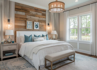 modern bedroom with light wood wall panels, blue and white accents, bed is made of oak, small bench at the end of the room