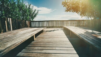 Wooden deck bathed in sunshine , Generative AI