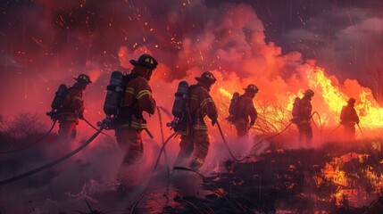 Fototapeta premium A group of fire fighters in full gear standing in front of a blazing fire, showcasing their courage and teamwork in the face of danger