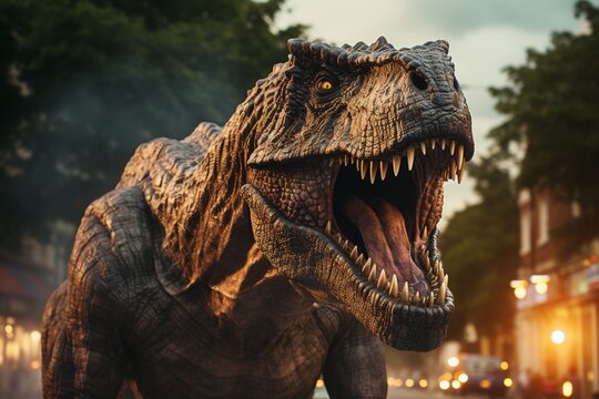 A chaotic scene unfolds as ancient beasts rampage through a modern city, triggering a frantic exodus as civilians scramble to escape the unexpected danger.