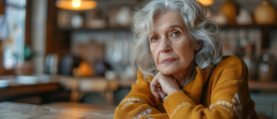 Portrait, elderly and woman sitting at table. Retirement, senior and mental health concept in the living room. Old, thoughtful and looking. kitchen background for mental health and reminiscing about