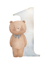 One and teddy bear. Can be used for baby card. Watercolor hand drawn illustration. - 763292551