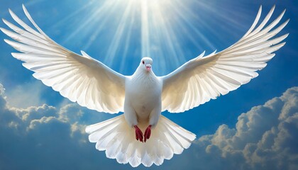 Holy Spirit: White Dove with Open Wings in a Light of Blue Sky - obrazy, fototapety, plakaty