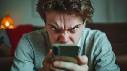 guy staring at smartphone screen with angry face expression
