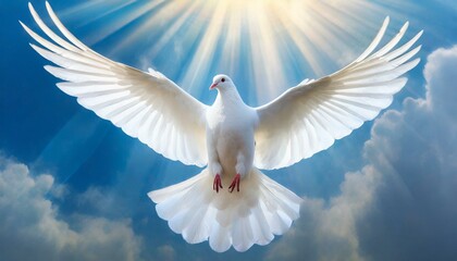 Fototapeta premium Holy Spirit: White Dove with Open Wings in a Light of Blue Sky