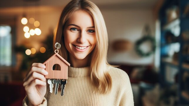 Close up photo of a women holding real estate agent keys and a house keychain in hand, with a blurred background showing a home interior. Contract, buying home, real estate agent or mortgage rent.  