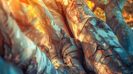 Detailed view of patterns and textures on a tree trunk illuminated by sunlight