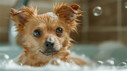 Puppy is bathing with shampoo and soap bubbles in the bathtub