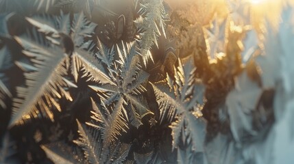 Detailed view of intricate ice patterns on a frosted glass windowpane - obrazy, fototapety, plakaty