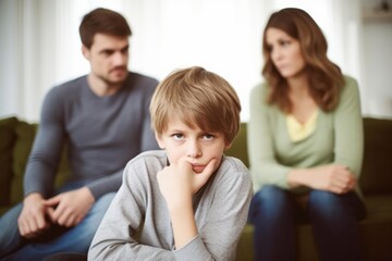 a young boy is sitting on a couch with his parents arguing and making his own boundaries, growing age