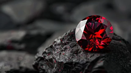 Poster The dark red gemstone jewelry cut with dark stone background. Red Ruby gemstone Round Cut on stone background, close up shot Dazzling diamond red gemstones on black background © Sittipol 