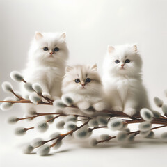 willow branch with five small fluffy white cats sitting on it on white background - obrazy, fototapety, plakaty