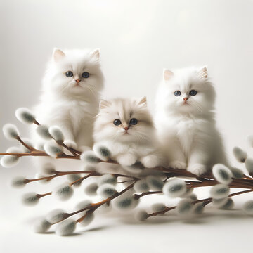 willow branch with five small fluffy white cats sitting on it on white background