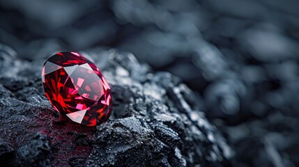 The dark red gemstone jewelry cut with dark stone background. Red Ruby gemstone Round Cut on stone background, close up shot Dazzling diamond red gemstones on black background - obrazy, fototapety, plakaty