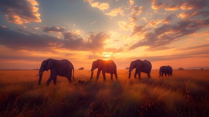 Fototapeta na wymiar Elephants strolling through a grass field during sunset with the sun shining in the background and a few trees in the foreground. Concept Nature, Wildlife, Sunset, Landscape, Animals