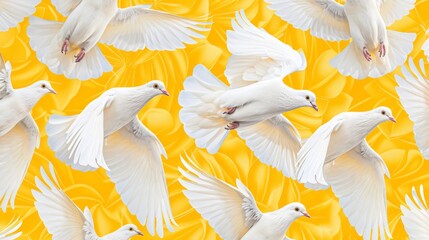 A flock of white birds soaring through a vibrant yellow sky in a symbolic pattern for Victory Day celebration