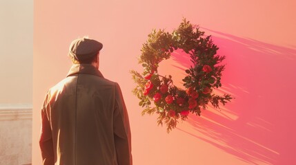 A man looks at a wreath hanging on a wall, possibly in remembrance or tribute