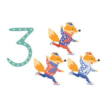 Number three and three cartoon foxes. Counting training.