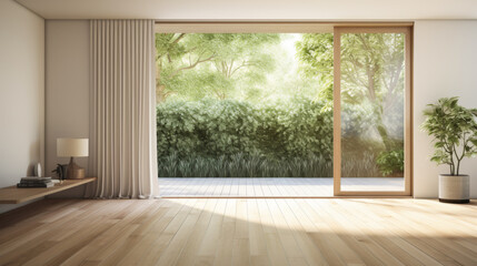 A large open living room with a wooden floor and a large window. The room is empty and has a minimalist design