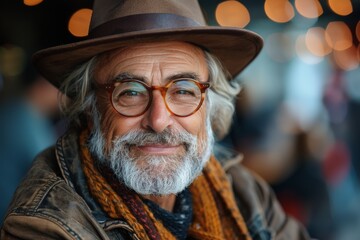 Portraiture of a stylish elderly man with a beard, glasses, and a hat, exuding charisma and charm