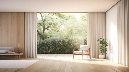 A large window in a room with a chair and a potted plant. The room is empty and has a minimalist design