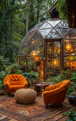 Comfortable sitting room in a garden full of vegetation, outside a spherical iron and glass structure