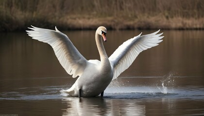 A Swan With Its Wings Flapping Preparing To Take Upscaled 8 - obrazy, fototapety, plakaty