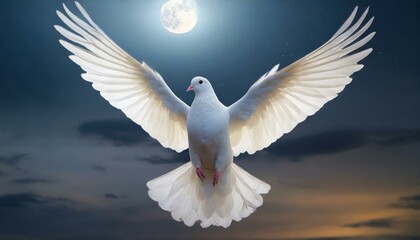 Fototapeta premium Holy Spirit: White Dove with Open Wings Embraced by Moonlight in Night Sky
