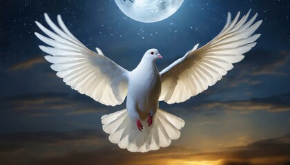 Holy Spirit: White Dove with Open Wings Embraced by Moonlight in Night Sky