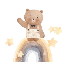 Little bear, stars and rainbow. Watercolor illustration. Can be used for cards, invitations, baby shower, posters. Vintage. - 763294590