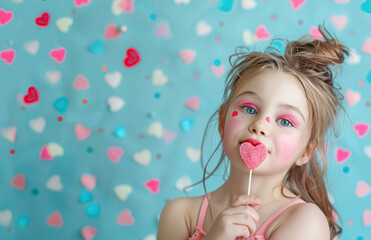 a little girl with open hand holding heart lollipop, pink lips and eye make up, valentine theme background, polka dot in the backgrounnd