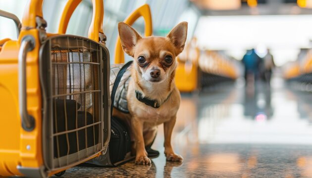 Small dog in a dog carrier at an international airport. Transporting pets on a cargo plane by AI generated image