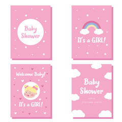 Baby shower flyer template for baby's birthday or gender reveal. Greeting card invitation to baby shower party on pink background. It's a girl. Cartoon vector illustration