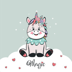 A cute magical unicorn with flowers on a cloud. Vector children's illustration.