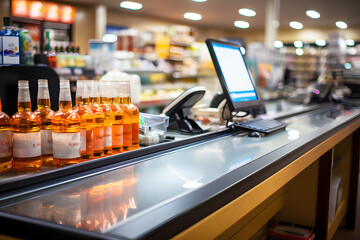 Empty supermarket counter and computers to pay and check product prices. To pay for purchases and check products before leaving store.  Realistic clipart template pattern.